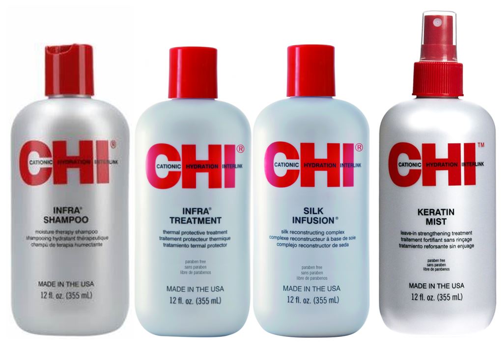 Chi SET Infra Brume à la Kératine 355 ml, Infusion de Soie 355 ml, Shampoing Infra 355 ml, Traitement Infra 355 ml