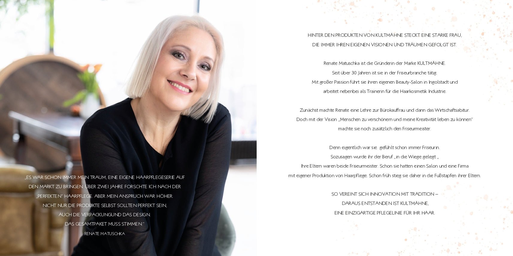 Renate Matuschka mit dem umweltfreundlichen KULTMÄHNE Pflegeset – vegane Haarpflege mit plastikreduzierter Verpackung, wiederverwendbaren Pumpen und nachhaltiger Herstellung im Matuschka Shop