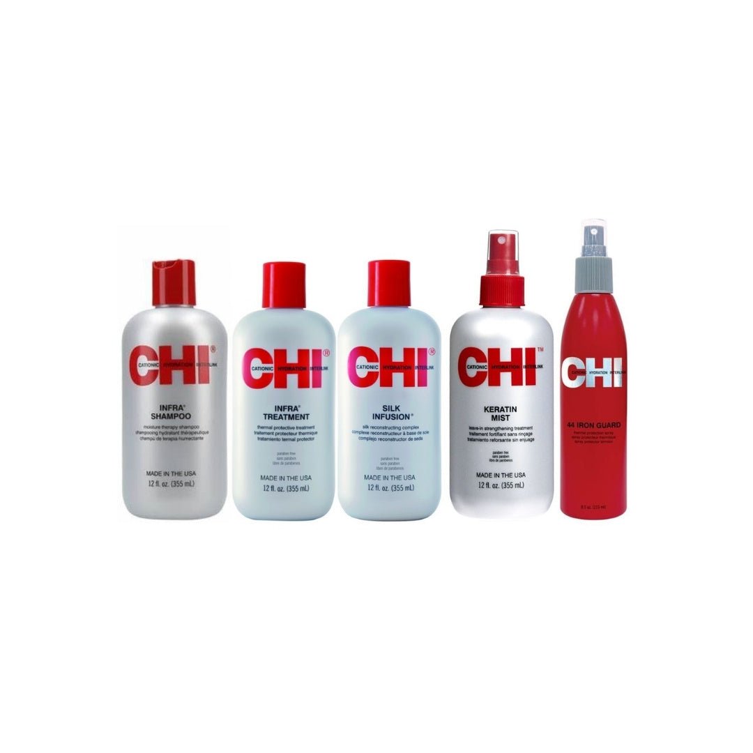 CHI Haarpflege SET XXL – Komplettansicht mit CHI Infra Shampoo, Infra Treatment, Keratin Mist, Iron Guard Hitzeschutzspray und Silk Infusion Pflegefluid – Reinigung, Aufbau und Hitzeschutz in einem Set – erhältlich im Matuschka Shop