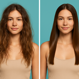Vorher-Nachher-Vergleich mit Model: Frizziges Haar vor der Anwendung, sichtbar glattes und gepflegtes Haar nach Moroccanoil Anti-Frizz Pflege