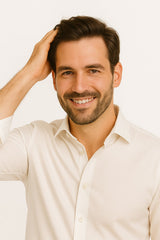 Mann mit vollem Haar greift sich in die Geheimratsecken – Symbolbild für Haarwuchs-Therapie mit Stop&Grow® for Men