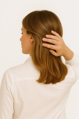 Frau mit mittelblondem Haar, die sich von hinten leicht ins Haar fasst – Symbolbild für Haargesundheit mit Stop&Grow®