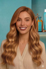Moroccanoil Kollektionsbild mit blondem Model im Badezimmer mit Moroccanoil Haarpflege Produkten