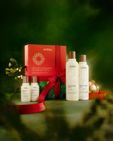 Aveda Gift of Awakening mit Rosemary-Mint-Produkten, roter Schleife und Mistelzweig in grüner Weihnachtsszene