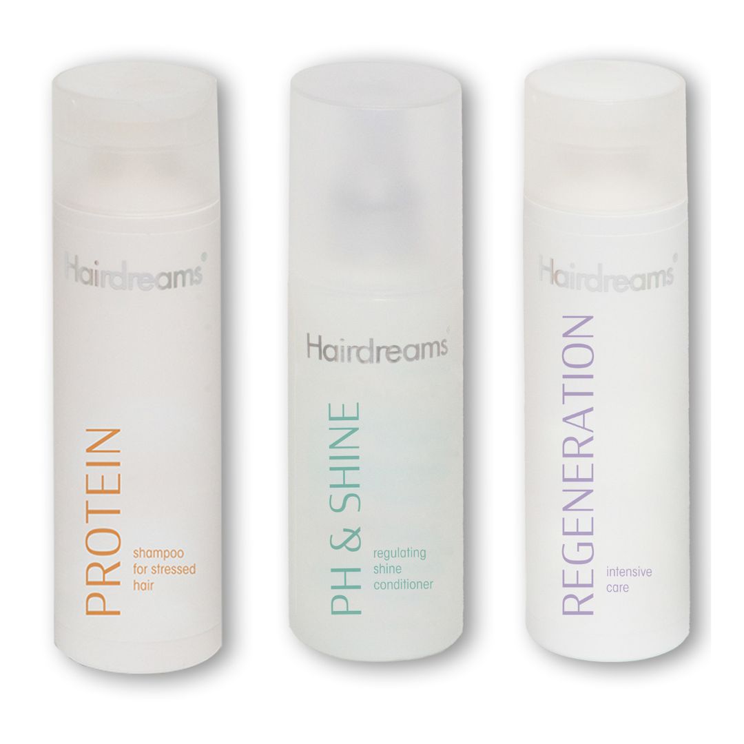 Hairdreams Set mit Protein Shampoo (200 ml), Regeneration Care Pflege (200 ml) und pH&Shine Spray – intensives Pflegeprogramm für geschwächtes Haar mit Aufbauformel, Feuchtigkeit und Glanz