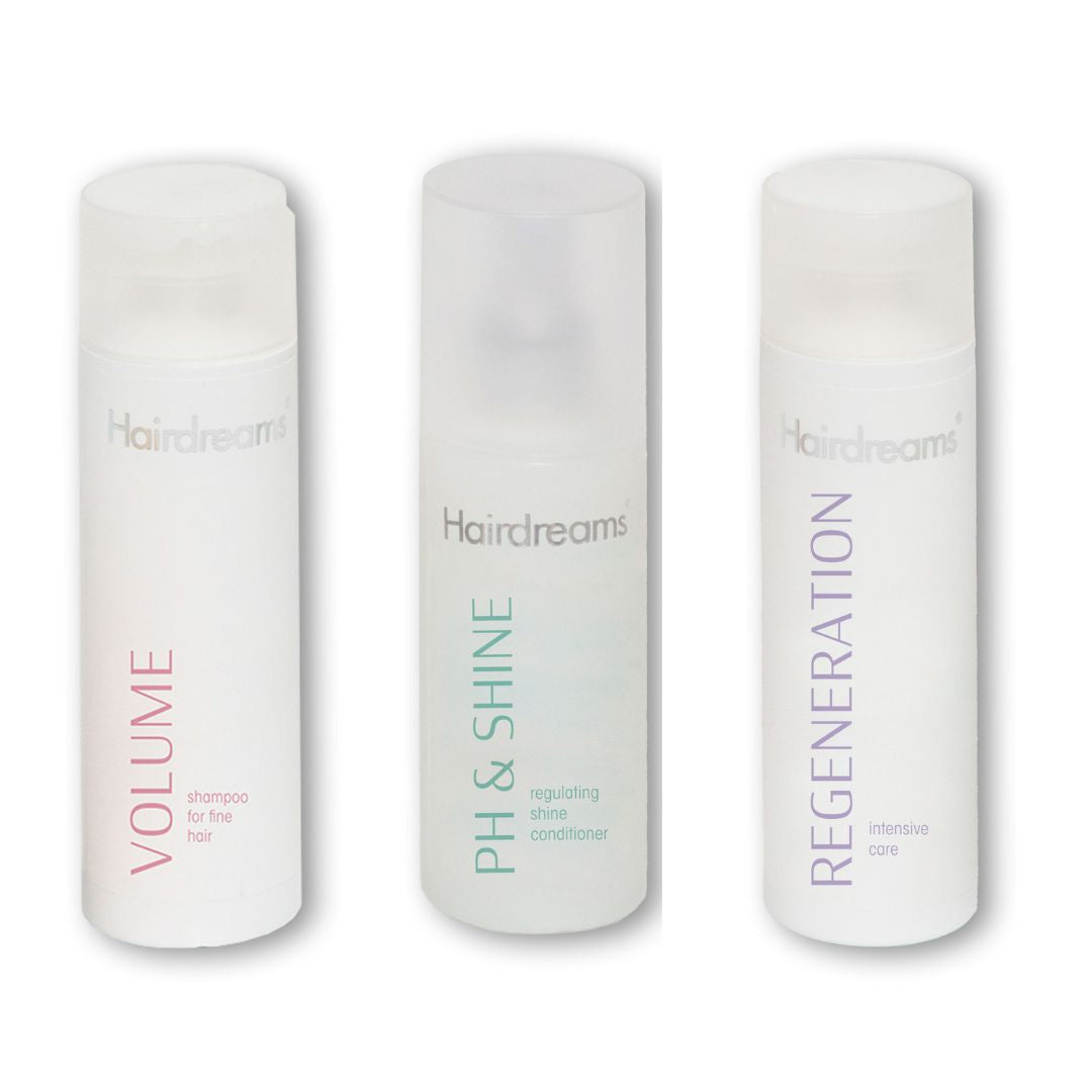 Hairdreams Set bestehend aus Volumen Shampoo (200 ml), Regeneration Care Pflege (200 ml) und pH&Shine Spray (150 ml) – Haarpflege-Trio für mehr Fülle, Regeneration und gesunden Glanz
