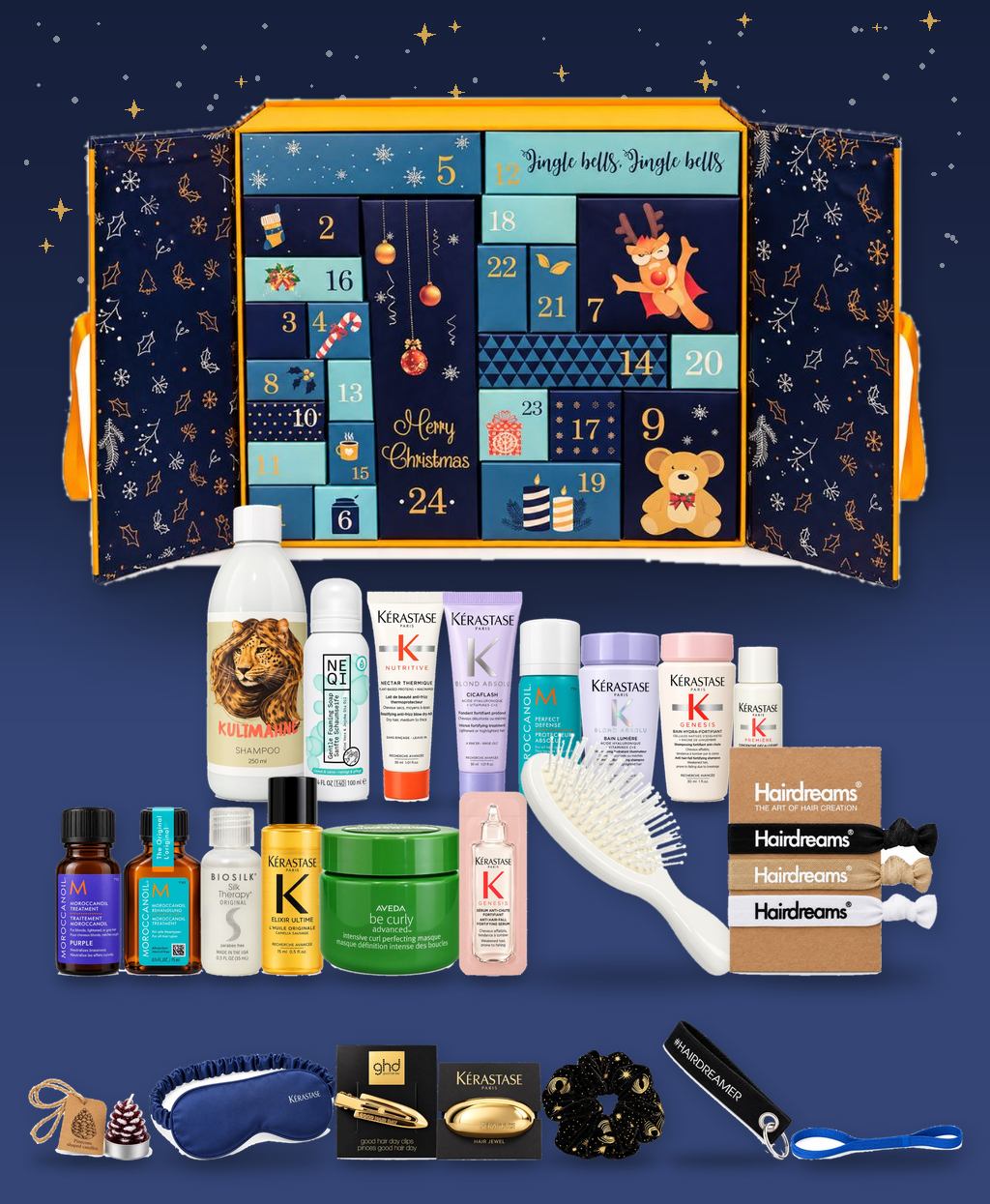 Matuschka Adventskalender mit Haarpflege-Produkten und Accessoires vor dem geöffneten Kalender