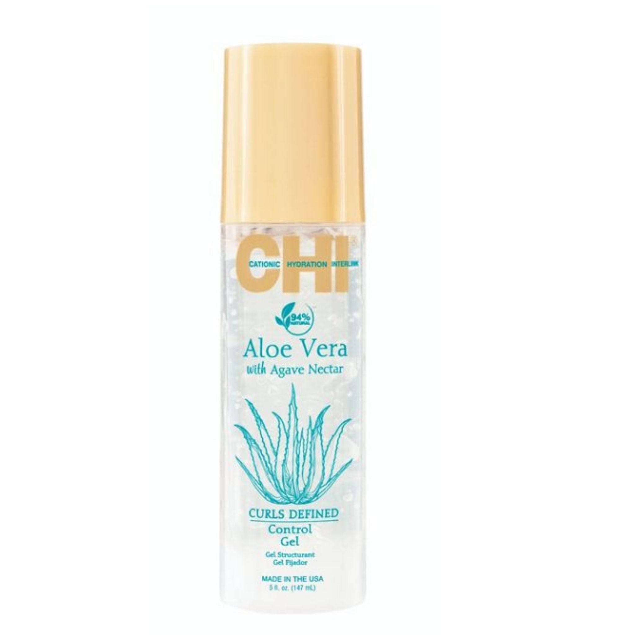 CHI Aloe Vera Control Gel auf hellem Hintergrund. Feuchtigkeitsspendendes Styling-Gel mit Aloe Vera für definierte Locken, Glättung von Frizz und flexiblen Halt ohne Verkleben.