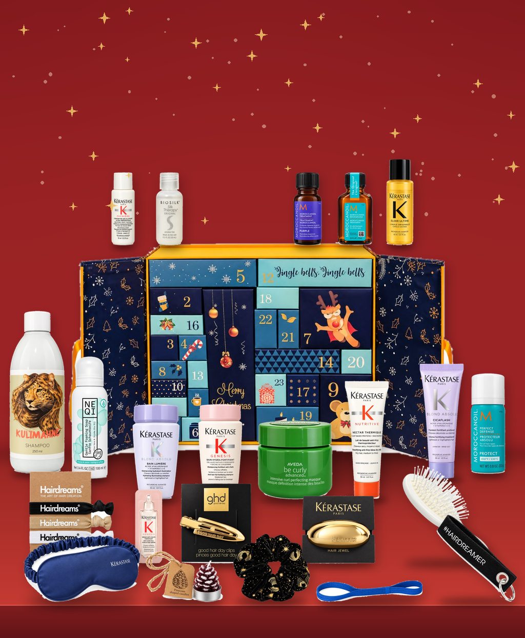 Matuschka Adventskalender Haarpflege geöffnet mit Produkten von Kérastase, Moroccanoil, Aveda, ghd und Hairdreams